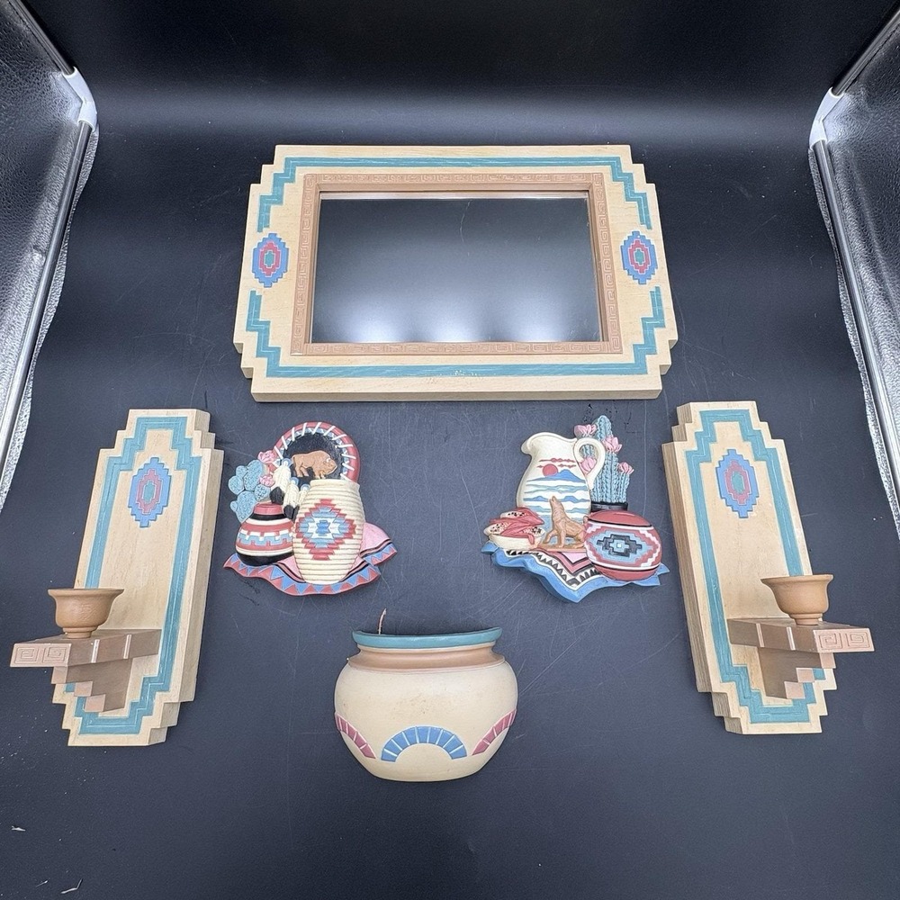 Vtg 1995 Home Interiors Sconces Mirror Plaques Set Aztec Southwest Boho Burwood